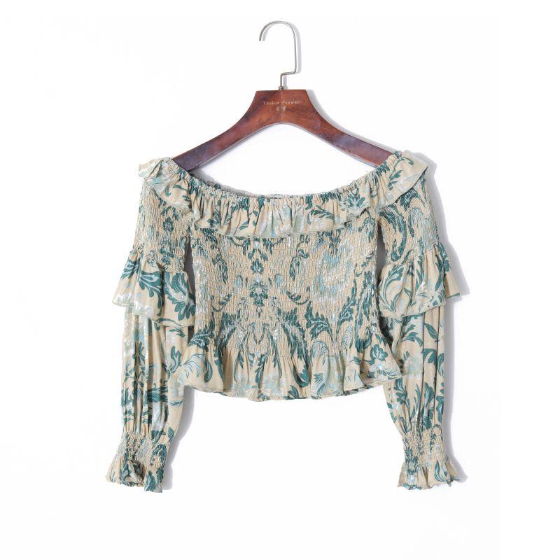 

Женская одежда осень 2023 года, пуловер с ретро-принтом, сладкой отделкой «грибок», с открытыми плечами, рукава 3/4, приталенная короткая рубашка Print S