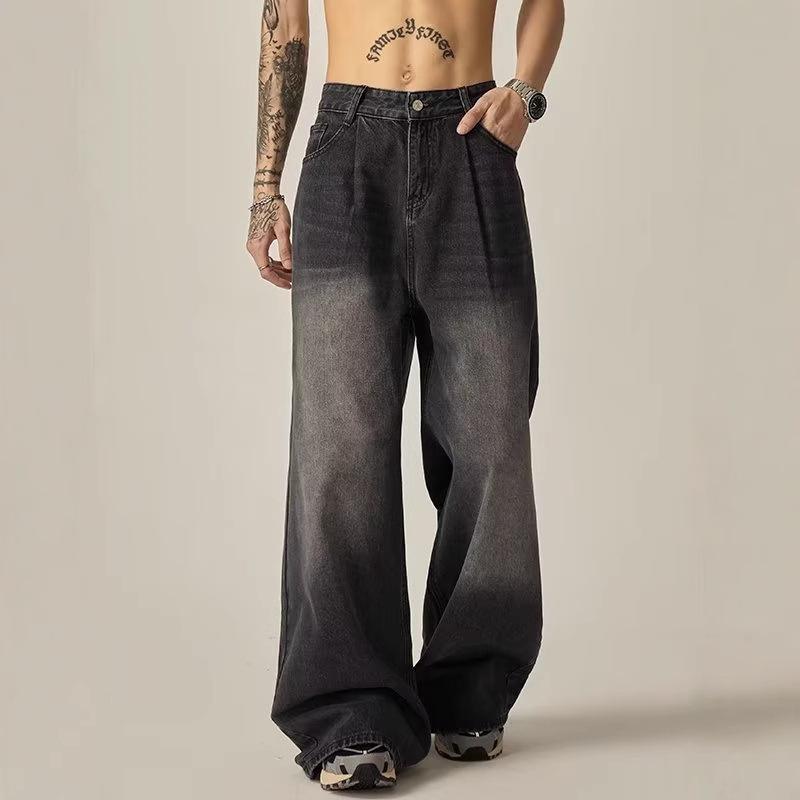 Men's 2024 Washed Black Wide-Leg Jeans - Tall, Casual, Loose Fit, American Trend for Spring & Autumn.