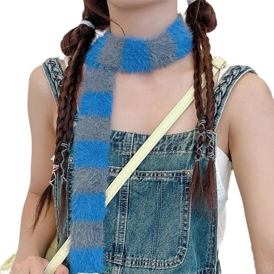 Exquisite Versatile Decorative Scarf Slim Long Striped Plush Scarf Autumn and Winter Commuting