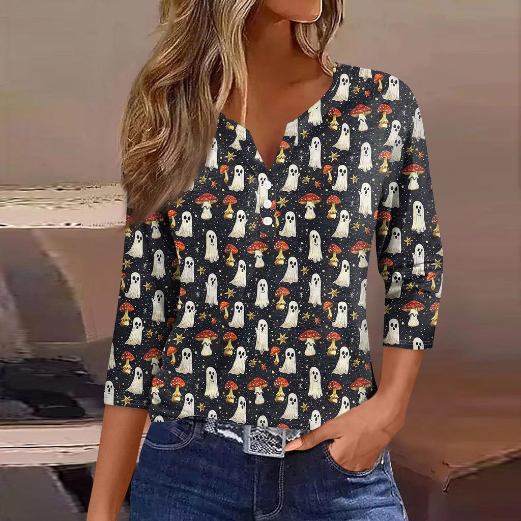 Women's Fashion Casual Halloween Printed V.Neck Short Sleeve Decorative Button Three.quarter Sleeve T-shirt Tor