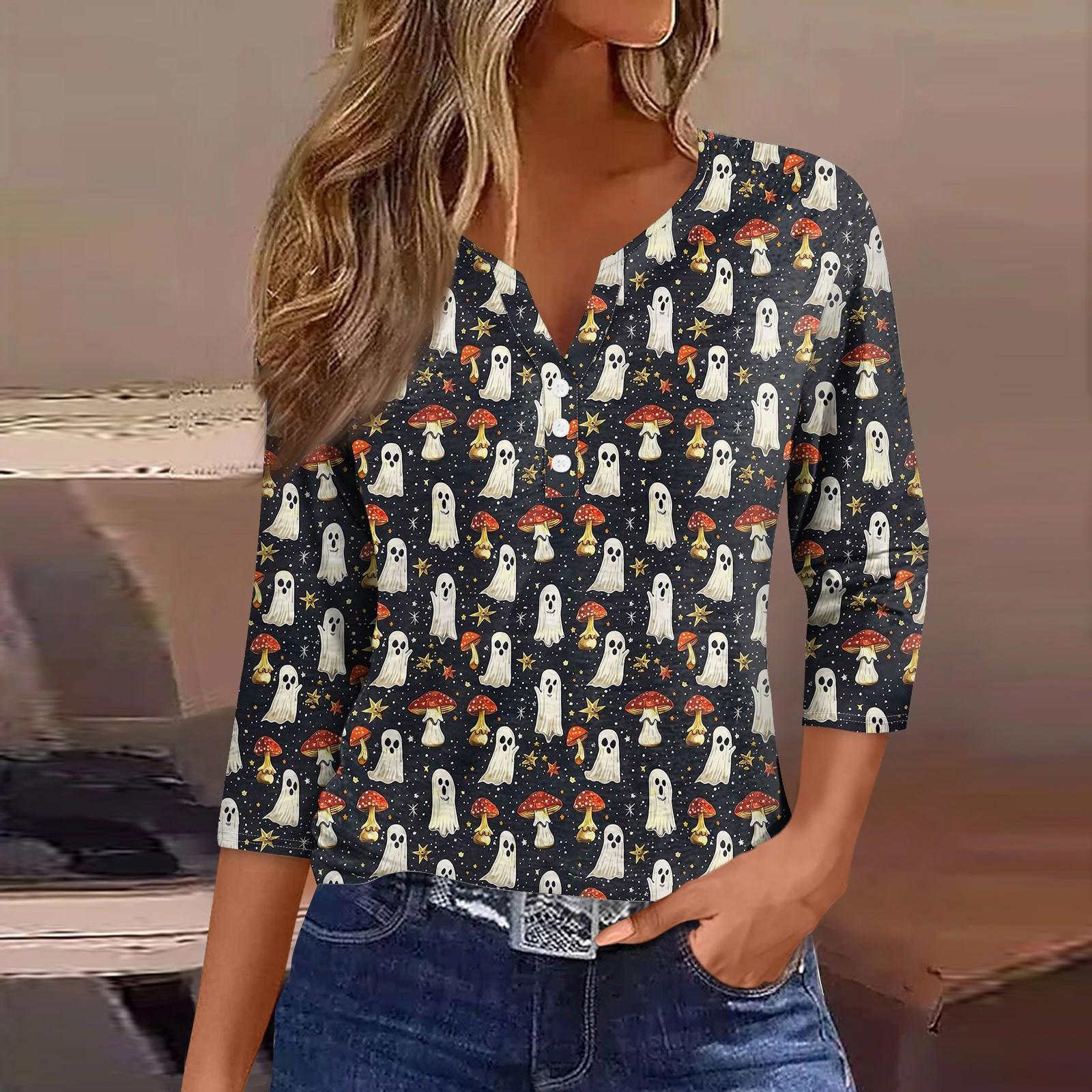 

Женская Мода Повседневная Футболка с V-образным вырезом, коротким рукавом и принтом на Хэллоуин, Декоративная пуговица, Рукав три четверти, Тор XXL чёрный