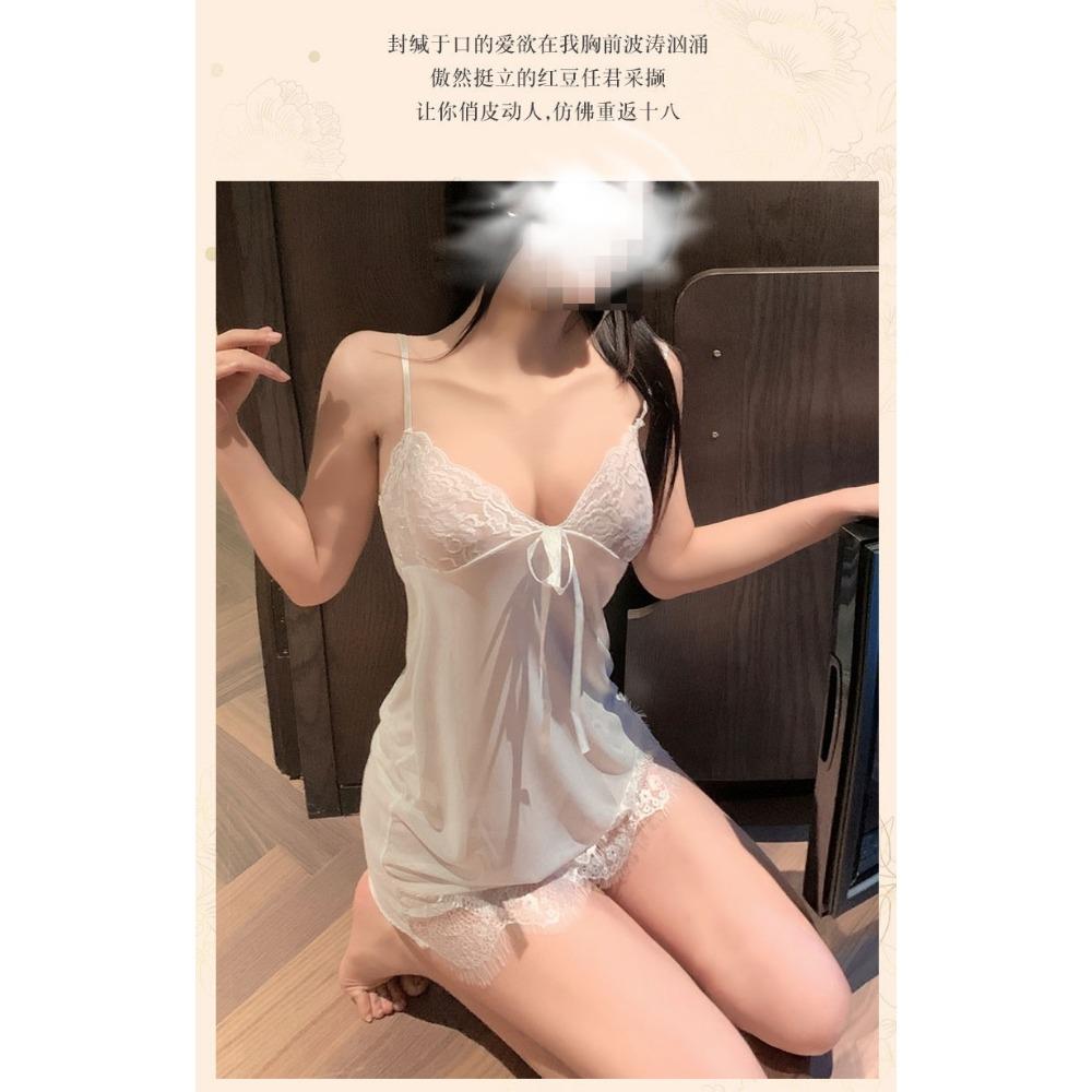 Night Crisp Sexy Underwear Lace Mesh Cardigan Pajamas Uniform Seduction Passion Tease Four-piece Set with Chest Pad