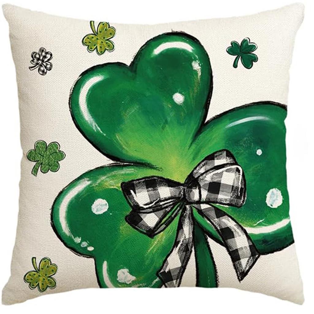 St. Patrick's Day Pillow Cover Line Printed Pillow Cover Green Four-leaf Crocodile Cushion Cover