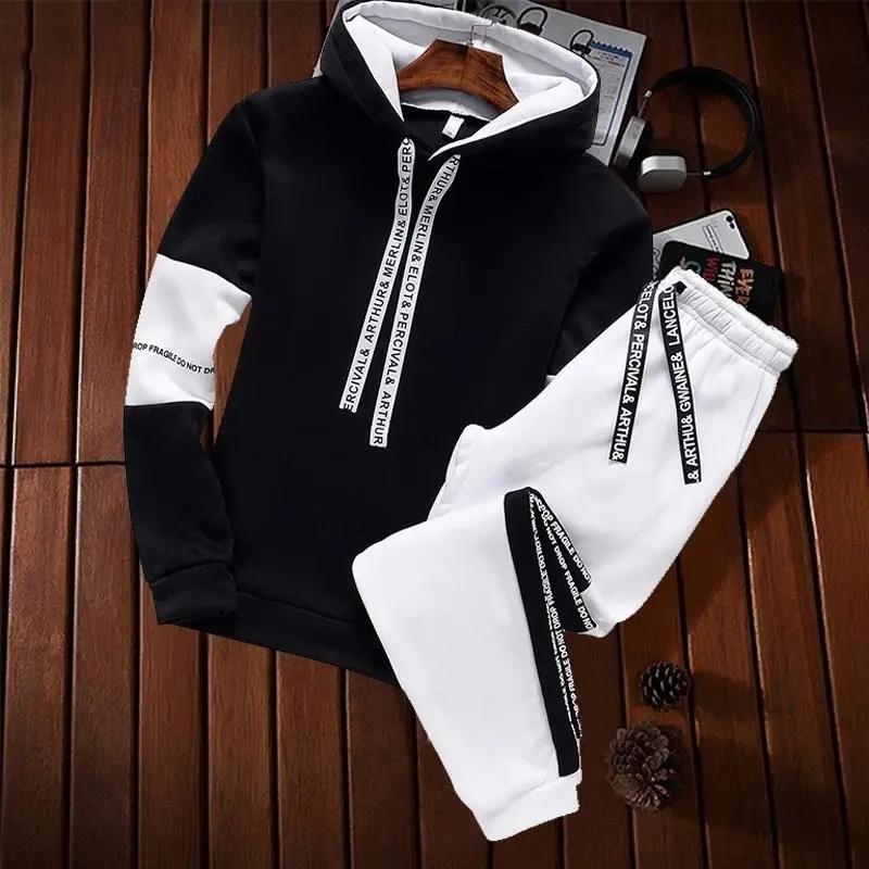Mens Tracksuit Warm Hooded Sweatshirt+Sweatpants 2 Pcs Sets Winter High Quality Black White Top or Pants Casual Jogging Clothing