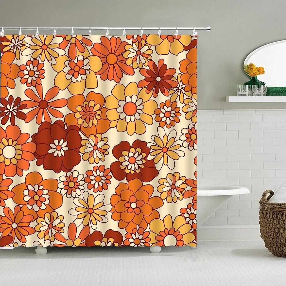 Vintage Rainbow Floral Shower Curtain 70s Colorful Stripe Fun Elegant Bohemian Abstract Style Bathroom Decoration Shower Curta