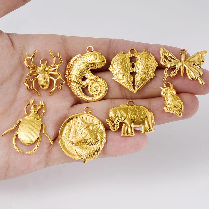 Punk Animal Charm Butterfly Spider Insect Pendant Stainless Steel Charms For Jewelry Making Supplies Real Gold Plated Breloques