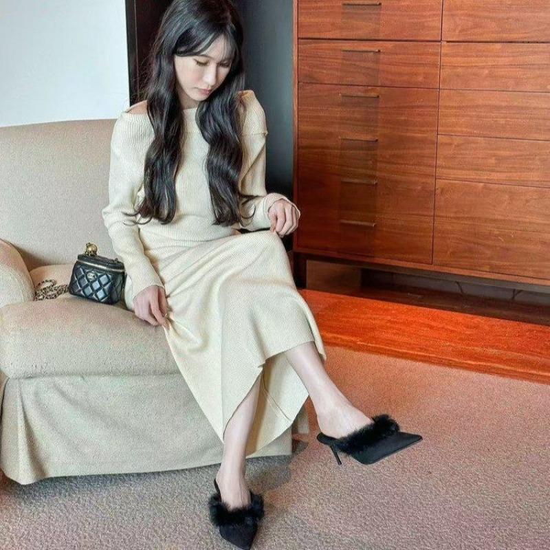 Gentle hairy pointed slippers women's winter bag head high heel half slippers mature piled cotton slippers
