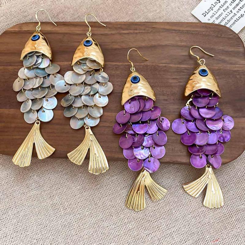 Exquisite Small Fish Dangle Earrings for Women Exaggerated Purple Shell Long Tassel Earrings Autumn Holiday Jewelry Accessories