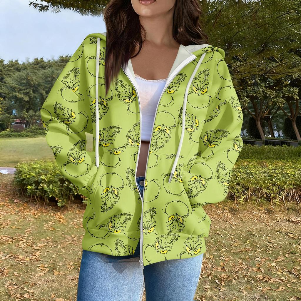 Women's Casual Fashion Long Sleeve Zipper  Printed Hooded Sweatshirt