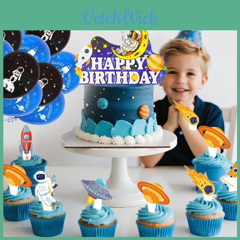 Astronaut Space Theme Birthday Party Decorations With Paper Flags And Balloons For Kid