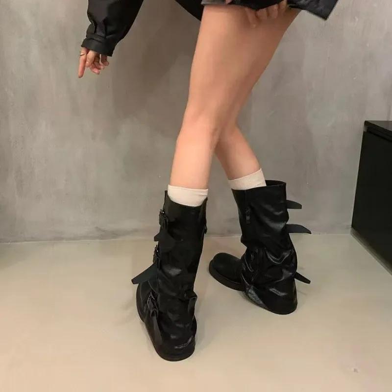 Fashion Women's Boots Belt Buckle Design Mid Calf Boots High Quality Casual Leather Botas Classic Black Fashion Boots for Women