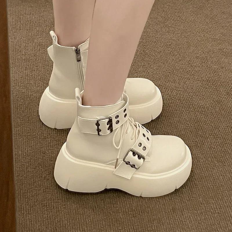 Ankle Boots Women Sneaker Platform Flats Shoes Woman Autumn  Trend New Rock Leather Punk Lace Up Thick Sole Goth Botas Mujer