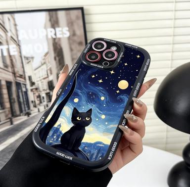 Starry Night Black Cat Pattern Phone Case for Samsung S25 S24 S23 S22 S21 S20 FE Ultra Plus 5G Silicone Cover