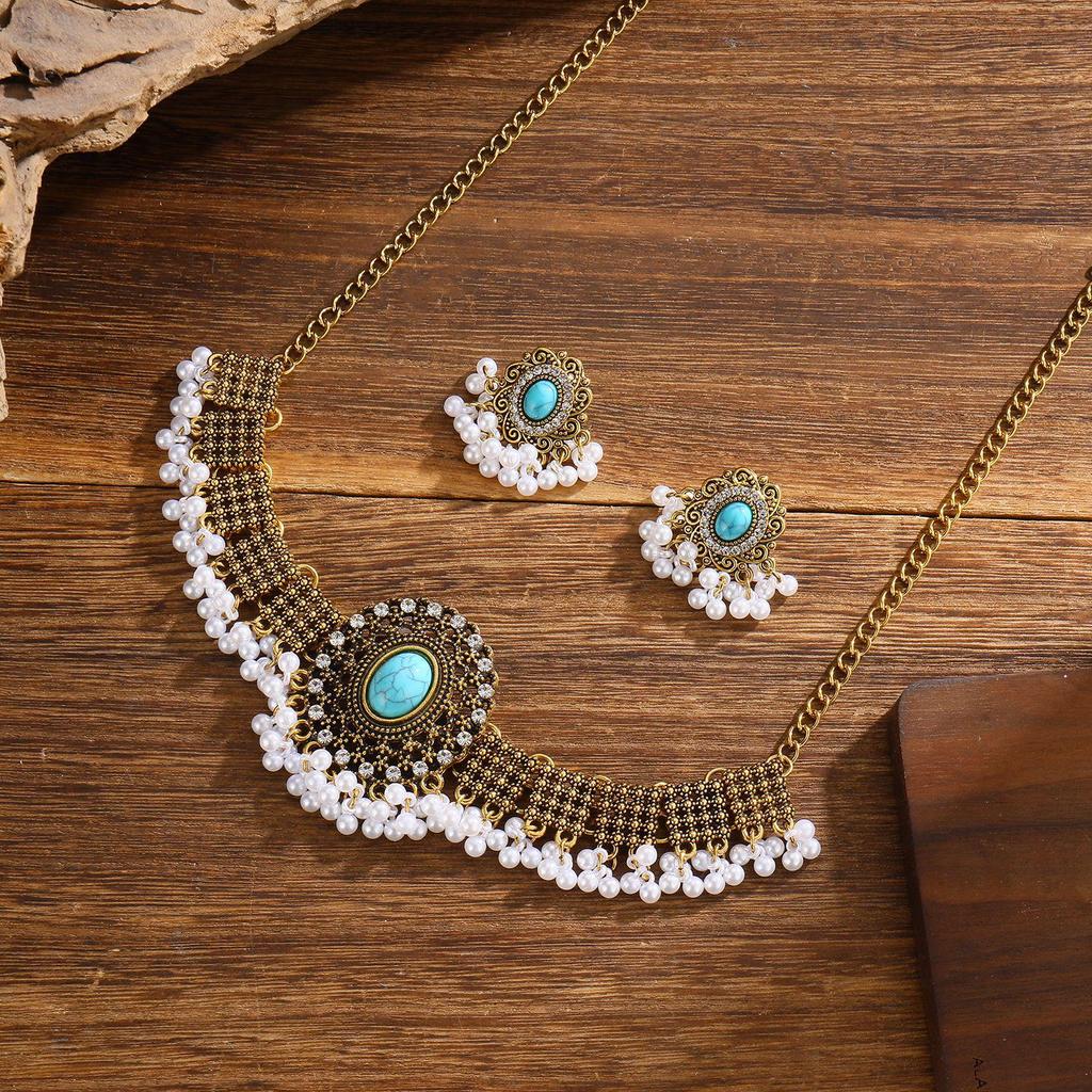 Cross-Border Ethnic Rhinestone Tassel Necklace & Earring Set