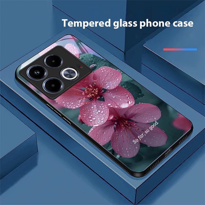Blue Flower Element For Infinix Note 40 4G 30i 12 G96 Smart 8 Hot 9 Play 10 11S 12 20i 50 Pro Plus 5G Tempered Glass Phone Case