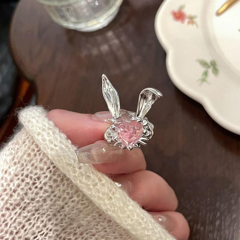 Różowy Króliczek Otwarty Pierścień Dla Kobiet Dziewczyn Piękny Pierścionek Zaręczynowy Regulowany Palec Obrączka Biżuteria Akcesoria Prezent