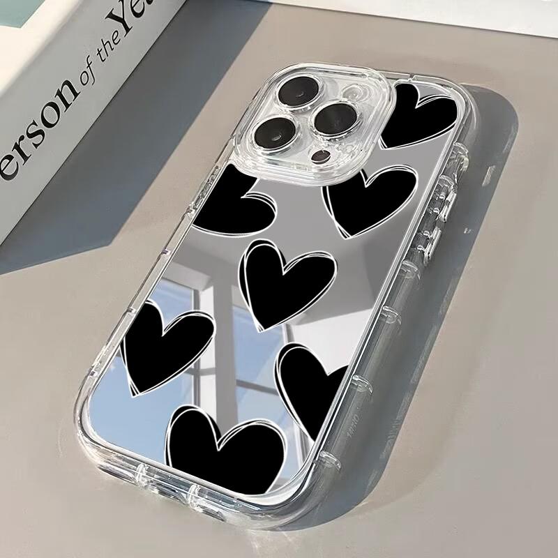 Black Heart Phone Case For iPhone 17 16 15 14 13 12 11 Pro Max 16e 17e XR X XS Max 7 8 Plus Make Up Mirror Shockproof Soft Cover