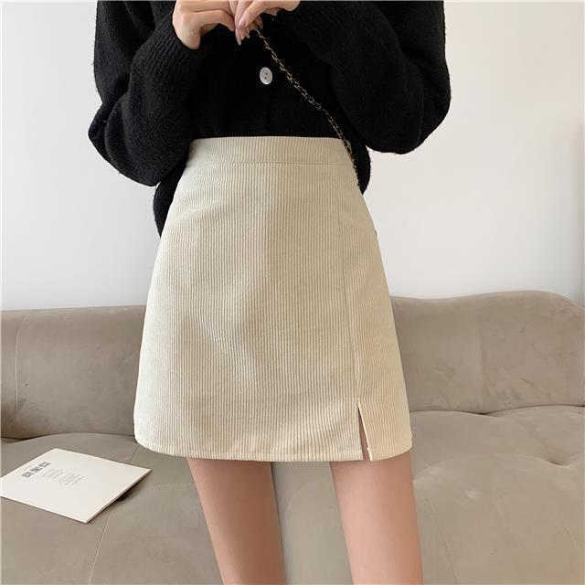 2022 Autumn/Winter Women's High-Waist Retro Corduroy A-Line Skirts: Anti-Exposure, Slim Fit, and Split Design