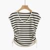 Französischer Eis-Seiden-Strickpullover Damen Sommer Neu V-Ausschnitt Kordelzug Figurbetont Dünnes T-Shirt Ärmelloses Top