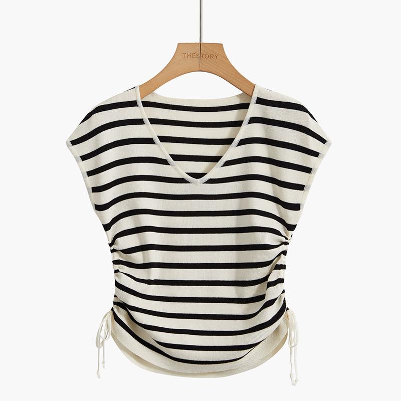 Französischer Eis-Seiden-Strickpullover Damen Sommer Neu V-Ausschnitt Kordelzug Figurbetont Dünnes T-Shirt Ärmelloses Top