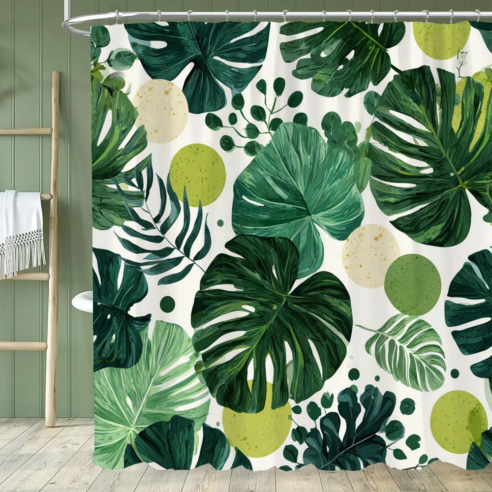 Smaragdgrüner Blatt-Duschvorhang, Moderner Abstrakter Palmenblatt-Tropischer Monstera-Badezimmervorhang Heimdekoration Mit Haken