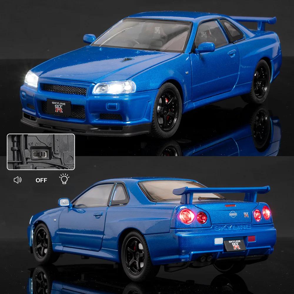 1/24 Nissan Skyline GTR R34 Rychle a zběsile Kovový model auta Zvuk Světlo Sběratelská miniatura Voiture Diecast Hračka Vozidlo Chlapec C342
