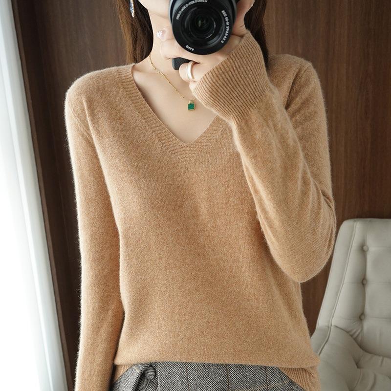 2025 Autumn Winter V-neck Knitted Pullover Women Sweater New Solid Color Fashion Elegant Casual Bottoming Shirt Thin Solid Color Simple Clothing