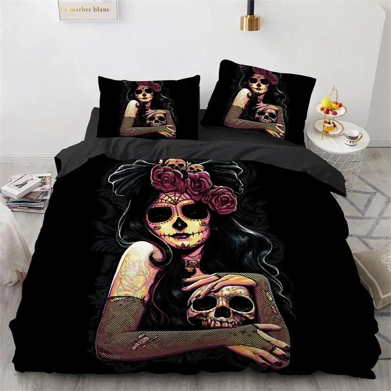 Comforter Skull Red Rose Skeleton Queen Floral Skeleton Traditional Mexican Halloween Double Queen King Polyester Qulit