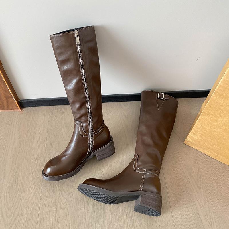 Cowhide version~ retro thick-soled knight grape mother, the same high-heeled pleated soft leather round head high tube widened long boots for women