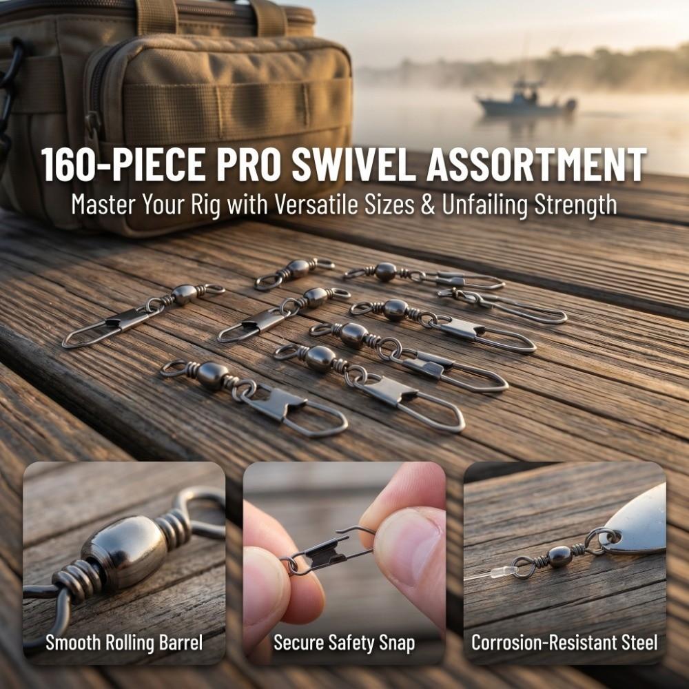 160PCS with Safety Snap Fishing Barrel Swivel Fishing Line Connector  Saltwater Fishing