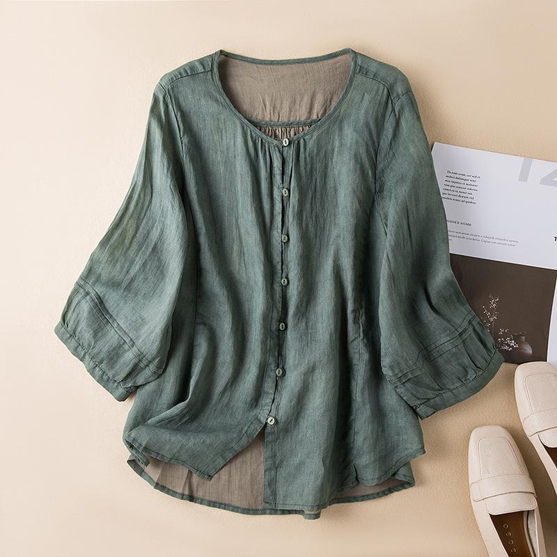 Spring Round Neck Ramie Loose Fitting Shirt Artistic Retro Versatile Casual Thin Top for Women Shirt