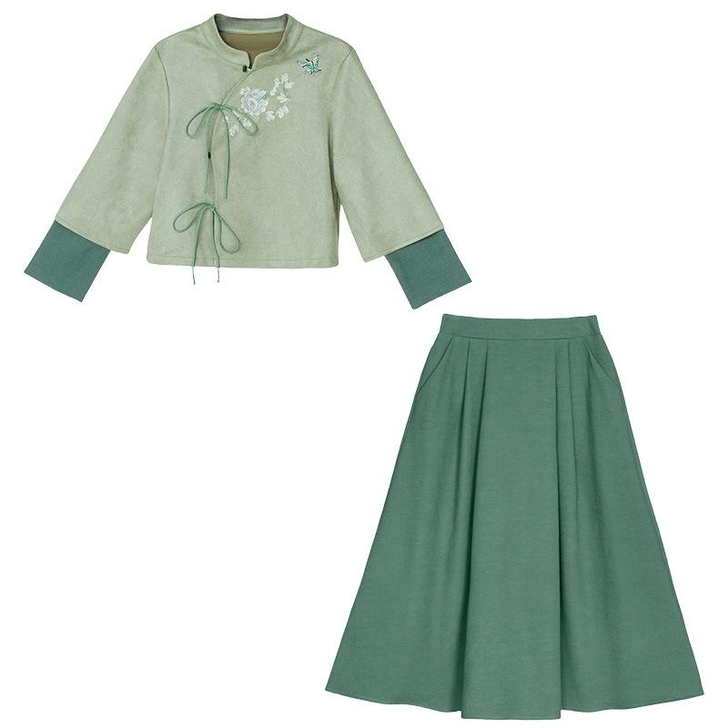 Podzimní/Zimní Retro Vyšívaný Tang oblek Hanfu Cheongsam Dvoudílný set