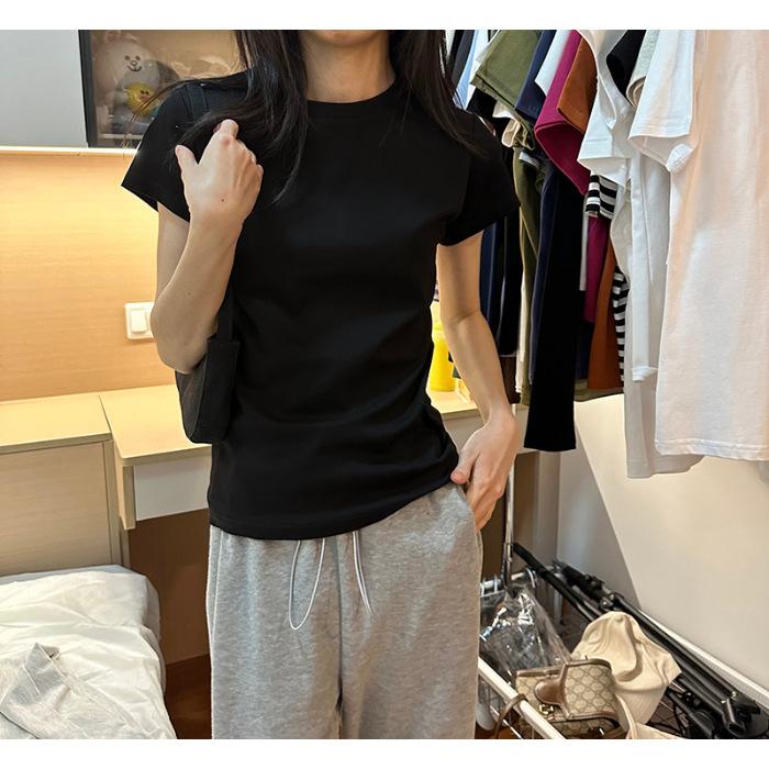 

White cotton skin-friendly front shoulder thin T-shirt women s bottoming shirt spring and summer suit inner slim-fit basic top short sleeve 2XL чорний