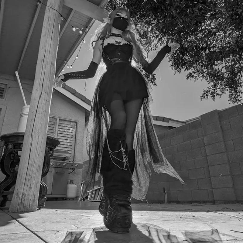 Net Yarn High-Waisted Irregular Skirt for Women Gothic Style Summer Casual Skirt Sexy and Charming Goth