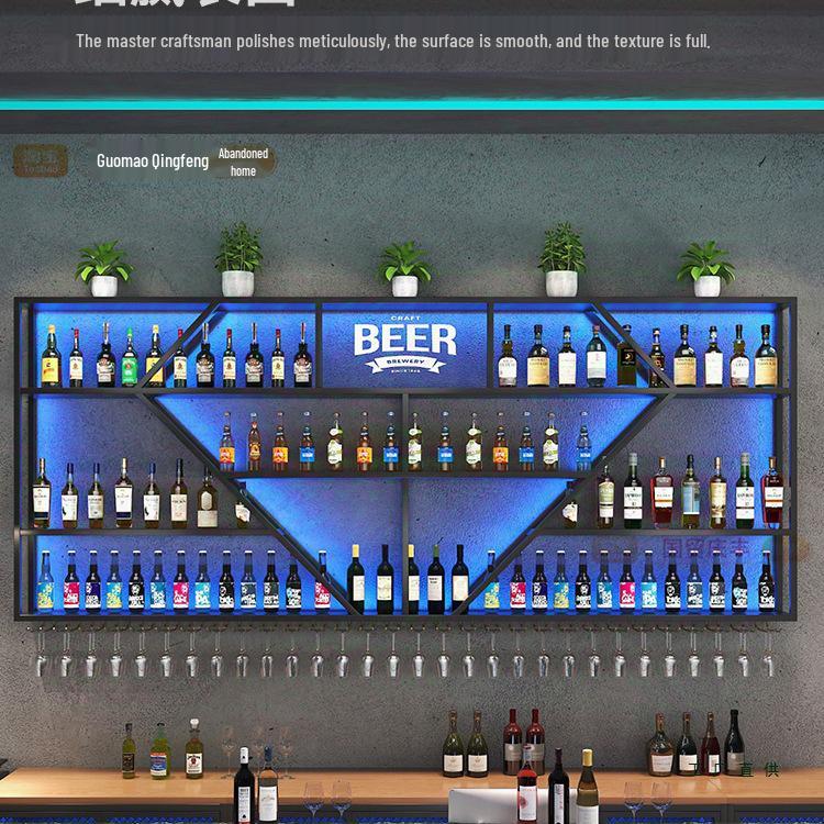 Industrial Wall-Mounted Wrought Iron Wine Rack for Bars & Restaurants - Creative Multifunctional Display Cabinet