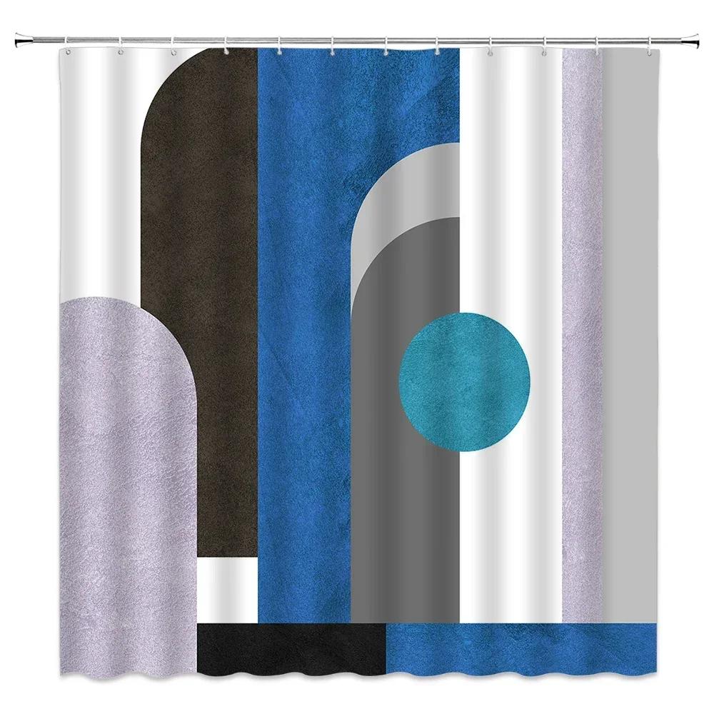 Blue Tone Shower Curtain, Mid Century Modern Lines Round Ribbed Animal Cat Tree Branch Bathroom Decorative Shower Curtains