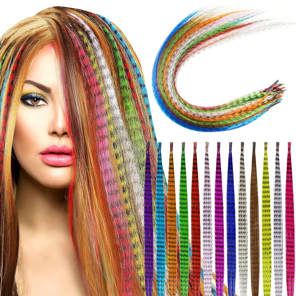 10Pcs Colored Hair Feathers Extension Kit for Women Long Straight Synthetic Hair Feather for Cosplay Party