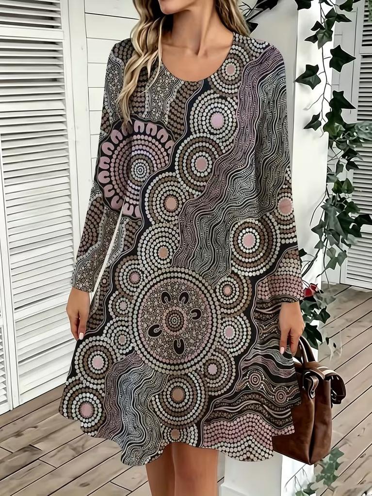 Spring Autumn Women Dress Casual Long Sleeve O-neck 3D Print Loose A-Line Dress Oversized Home Wear Robe
