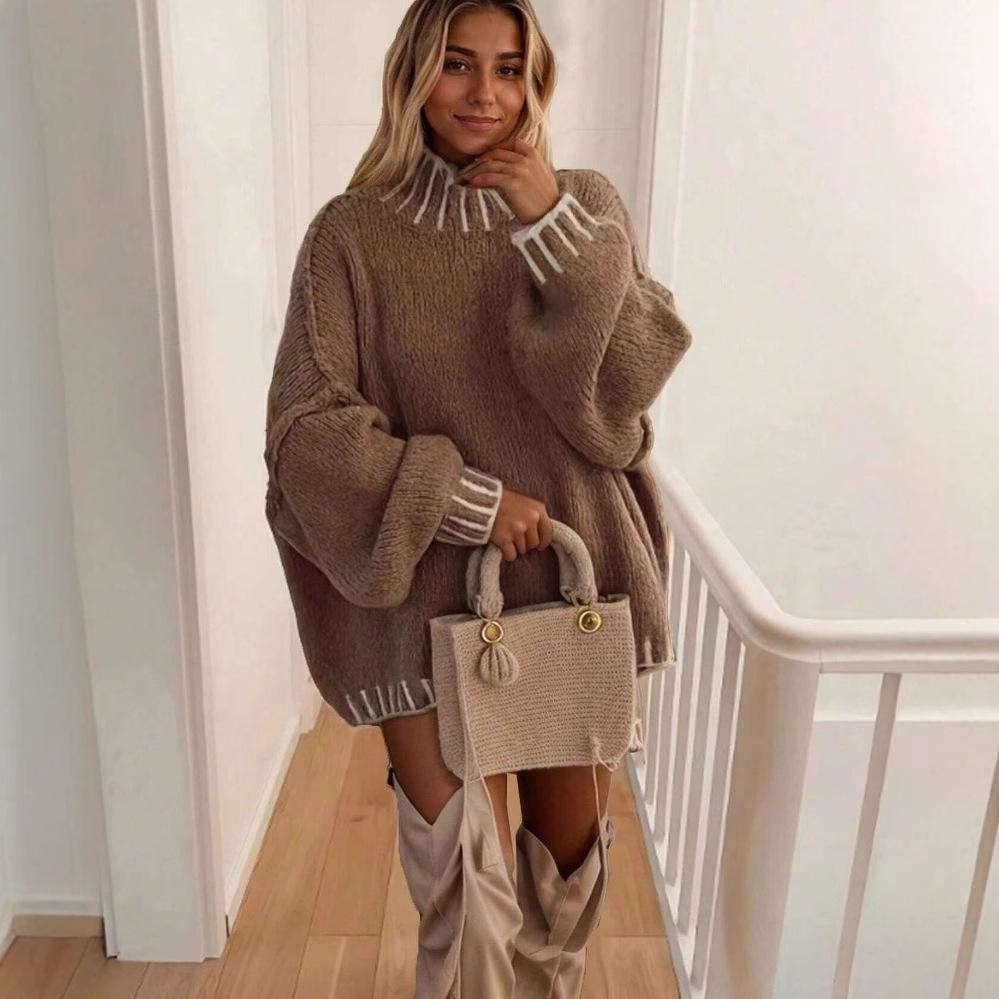 2024 Autumn Women's Semi-High Neck Loose Thick Sweater