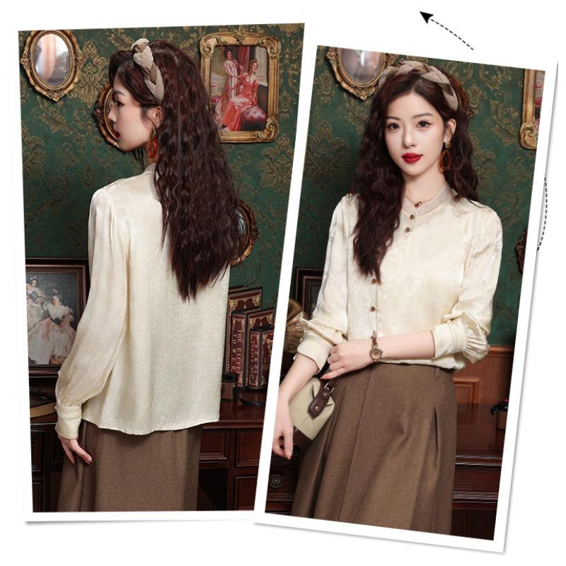 Plate Button Shirt Women's Spring and Autumn Retro Tang Dynasty Oblique Placket Long-sleeved Blouse