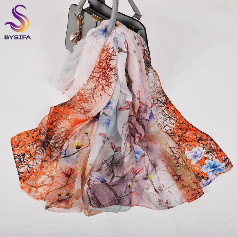 [BYSIFA] Female Spring White Chiffon Silk Scarves New Floral Design Long 100% Silk Scarf Shawl Autumn Winter Women Neck Scarf