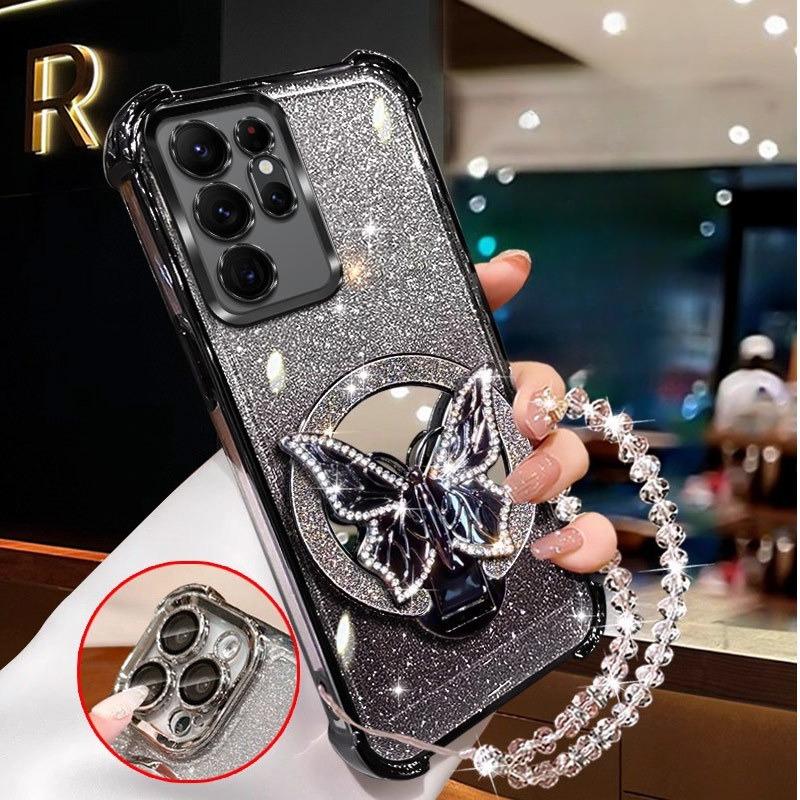 Glitter Butterfly Mirror Crystal Bracelet Case for Samsung Galaxy Note 20 Ultra 10 Plus Shockproof painting Cover