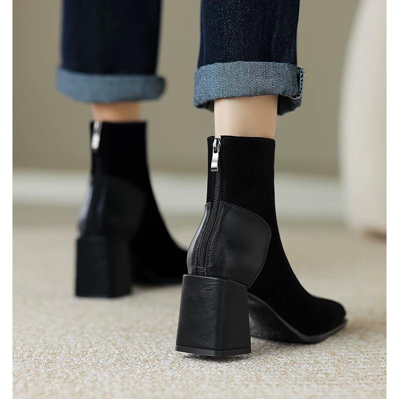 Fashion Vintage Square Toe Block Heel Booties Women French Color Block Rear Zip Simple Heel Single Boots Ankle Boots