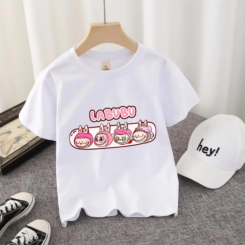 Dětské tričko Roztomilé Anime Labubu 3D potisk Trička Krátký rukáv Kawaii Růžové Kreslené oblečení Dárek k narozeninové oslavě