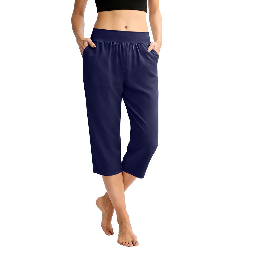 Women Elastic High Waist 3/4 Pant Casual Fit Wide Capris Leg Pants Trousers With Pockets