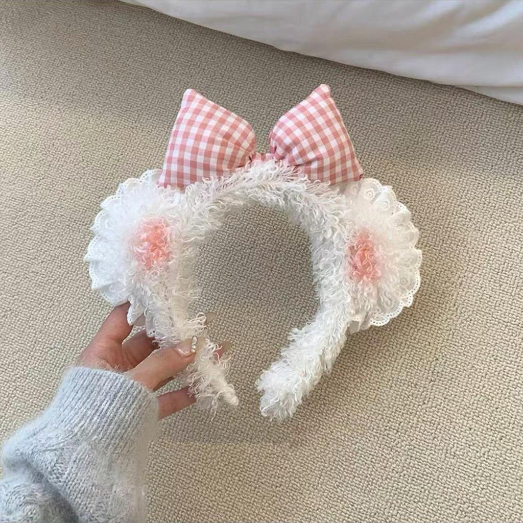 Cute KT Cat Bow Plush Headband for Women, Photo Hair Clip, High Top Headband, Face Washing Accessory