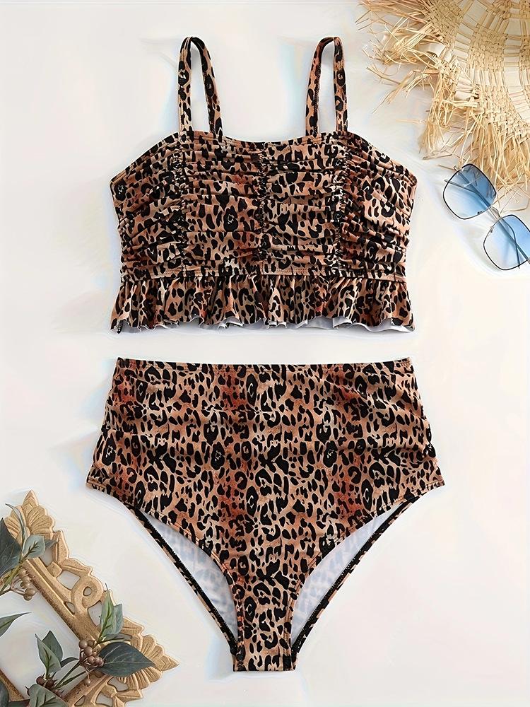 2025 European & American Floral Leopard Print Maternity Swimsuit: Ruffle Design with Tummy Coverage & Abdominal Support