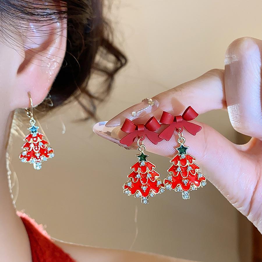 Silver Rhinestone Bow Christmas Tree Earrings: High-End, Versatile Studs