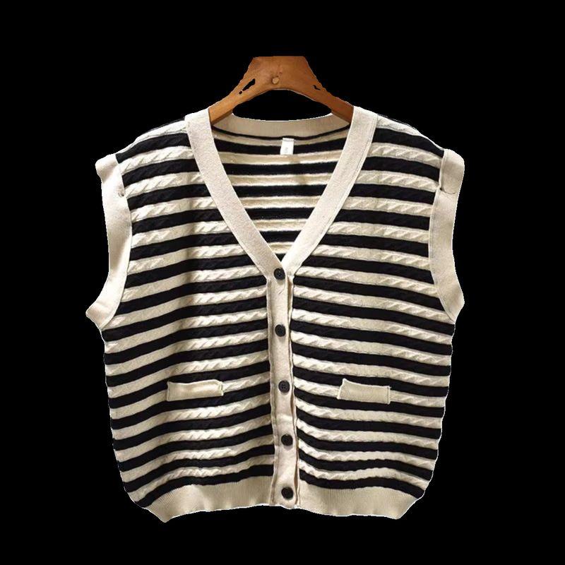 Same Style as Stars Design Sense Spring and Autumn Thick Knitted Stripes Drape Stitching Sleeves Cardigan V-neck Vest Vest Short
