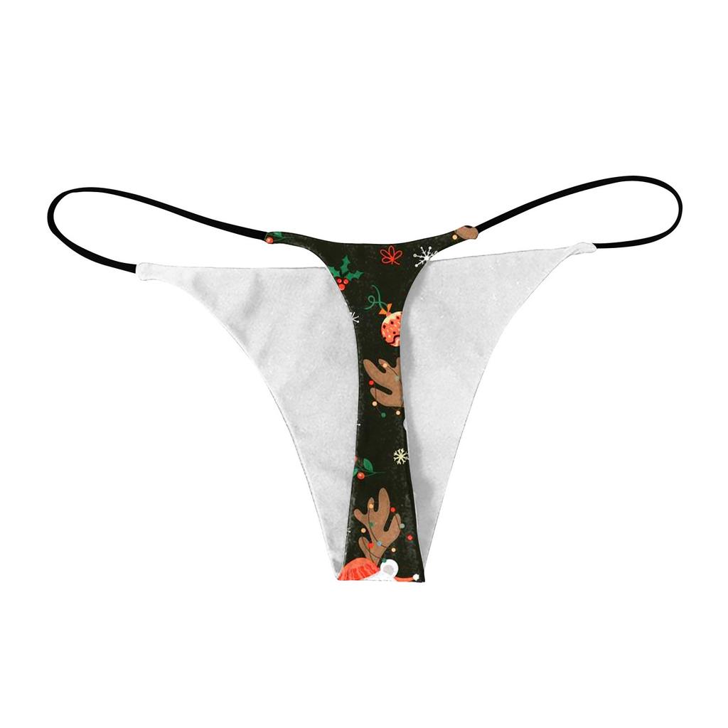 Women Low Rise Thong Panties Christmas Print Elastic Waistband Sexy Underwear Lightweight Breathable Fabric Comfortable Fit